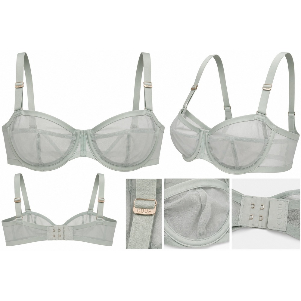 CUUP The Balconette Bra 36B Sage Green Sheer Mesh Underwire Unlined Minimalist